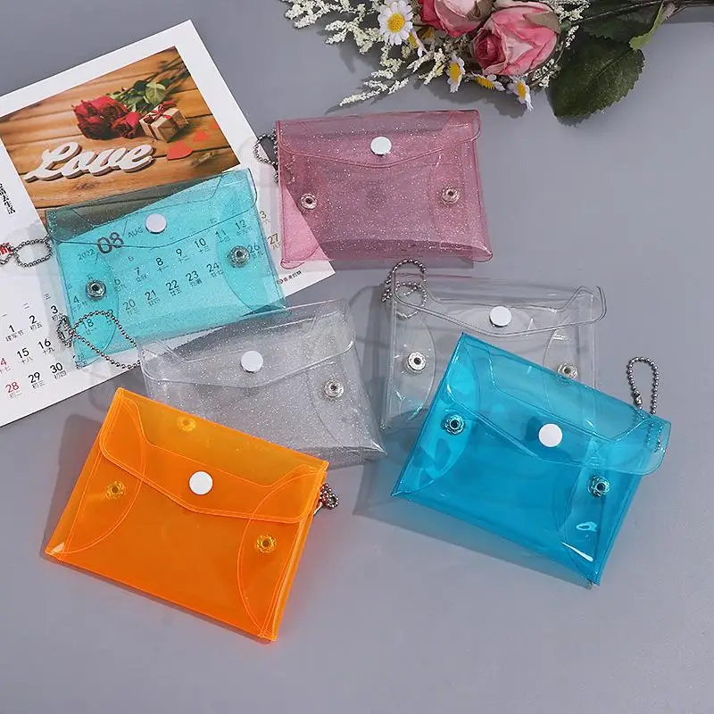 1Pcs Mini PVC Clear Card Holder Keychain Glitter Transparent Coin Purse Snap Button Wallet For Earphone Jewelry Daily Storage