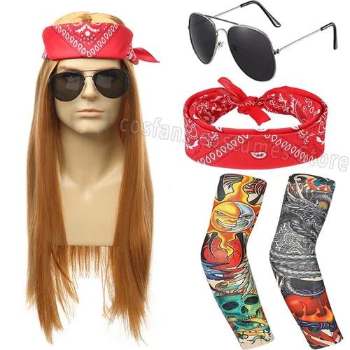 Imagen 2 del producto Disfraz basculante sintético, peluca de Metal pesado para hombres y mujeres, peluca Hippie con Bandana, gafas de sol, guantes Punk, mangas de tatuaje para Pun de los años 80