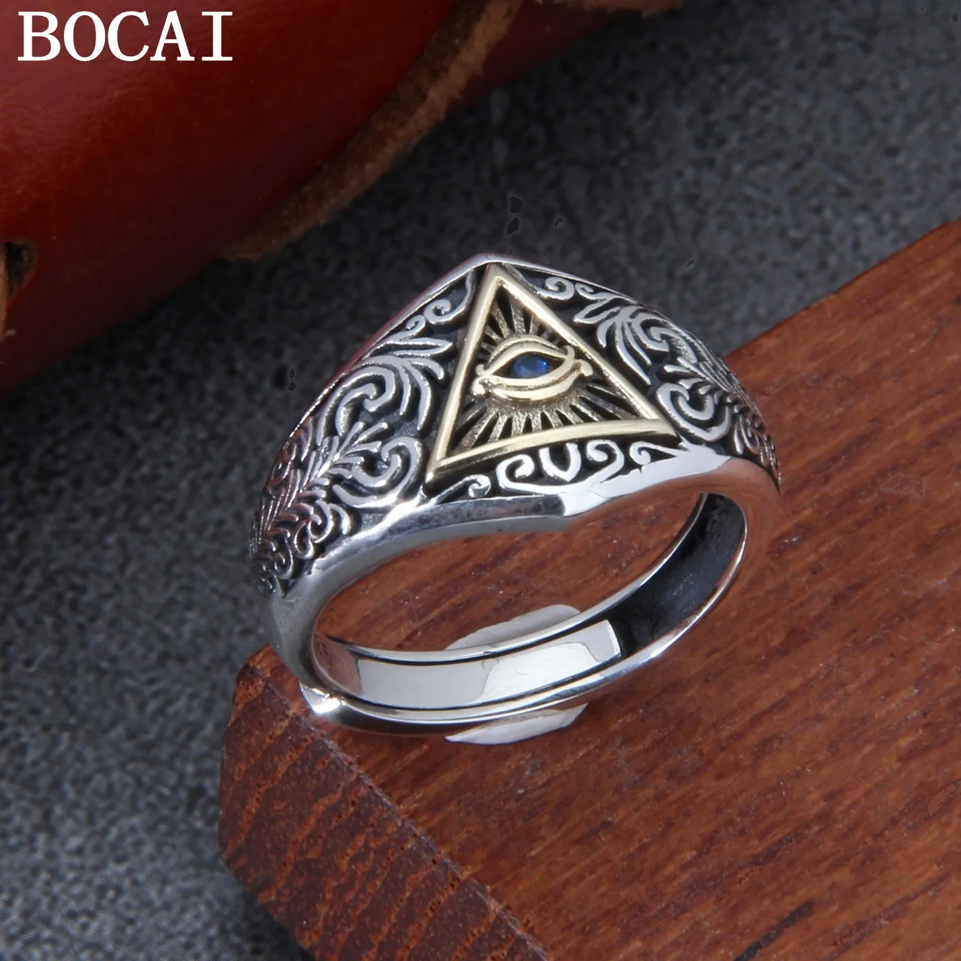 

BOCAI NEW S925 Pure Silver Retro Personality Eye of God Tang Grass Pattern Ring