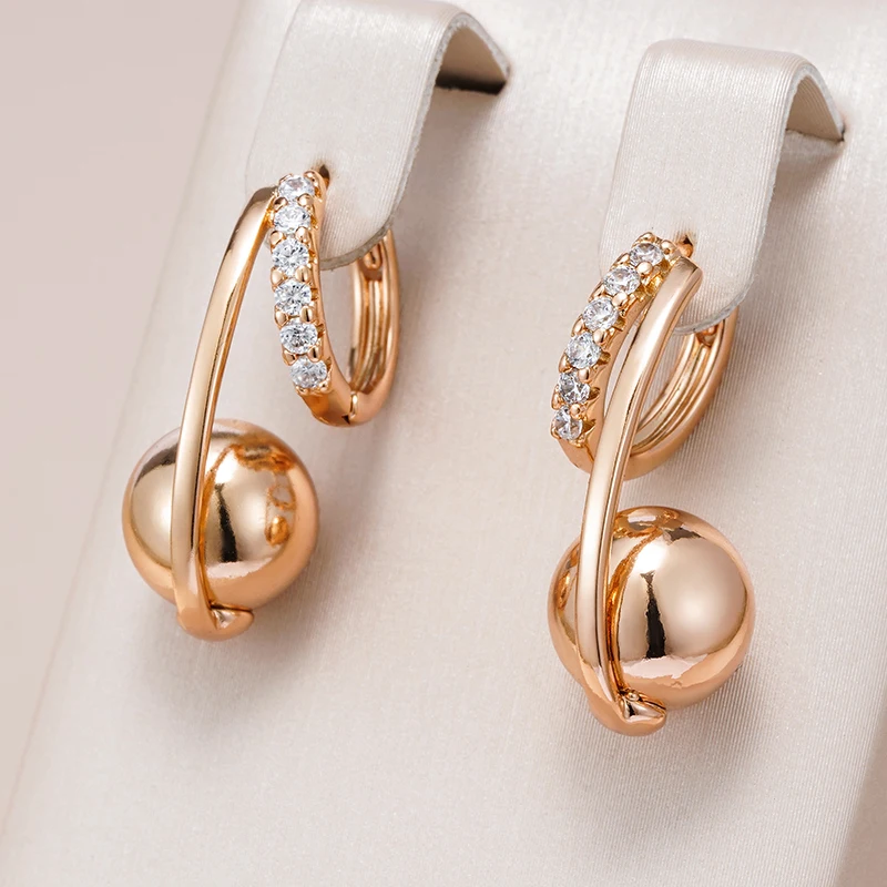 Wbmqda Unique Metal Ball Drop Earrings For Women 585 Rose Gold Color With White Natural Zircon Fashion Daily Party Jewelry Gifts