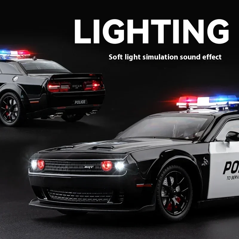 1:24 Dodge Challenger SRT Hellcat Police Car Model Toy Doors Opened Pull Back Light Music Miniature Vehicle Kids Boys Gift