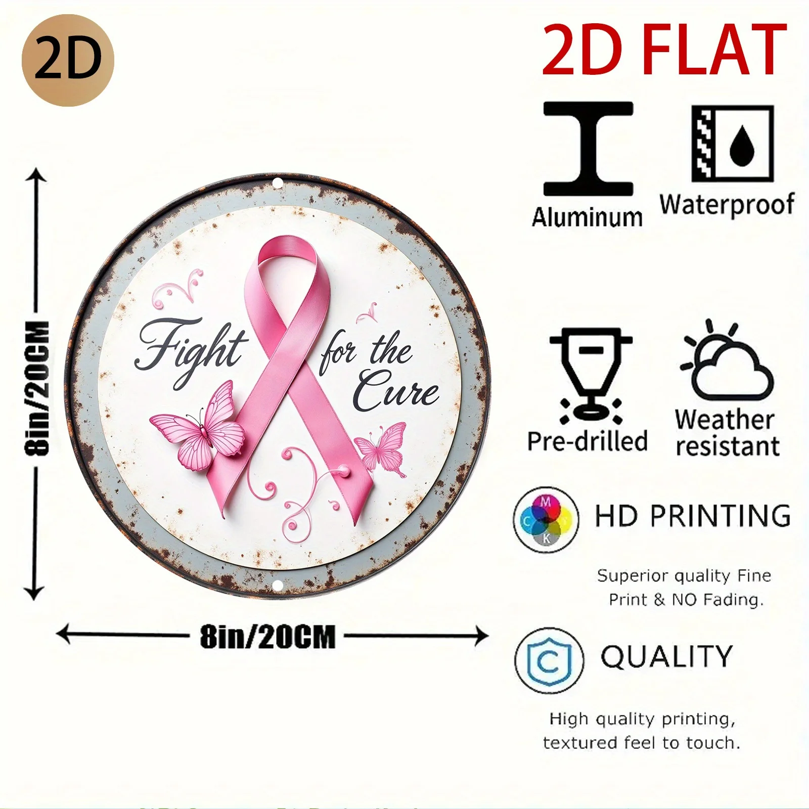2D Flat - Wall Art Featuring a Circular Rust Effect Metal Sign with a Pink Ribbon for Breast Cancer Awareness, Perfect for Home