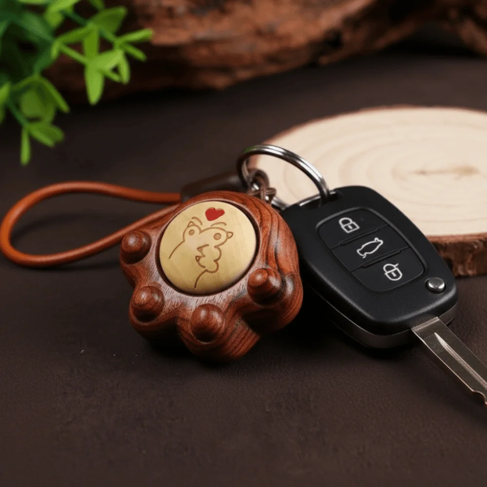 Sandalwood Figurine Key Chain Miniature Cat Paw Clicker Handmade Cute Wood Carving Charm Wooden Tactile Student