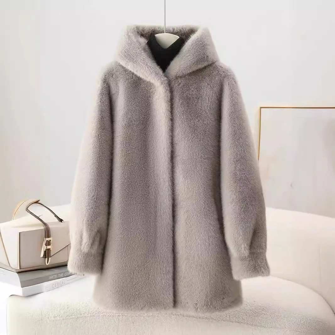 2024 autumn and winter fur integrated European mink fur environmentally friendly fur coat, women's imitation mink hooded young,