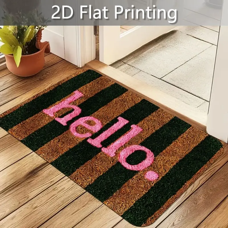 VIKAMA Hello Doormat Green Brown Striped Pink Script Skid Resistant Front Door Entry Indoor Floor Rug Seasonal Xmas Decor