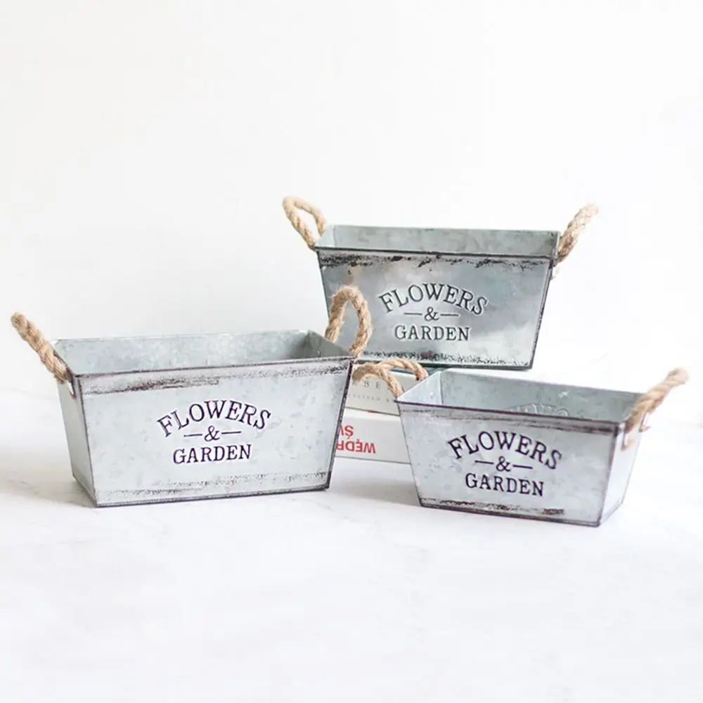 

Nordic Galvanized Iron Flower Pots Shabby Thickened Rectangular Flower Bucket Retro Plant Container Garden
