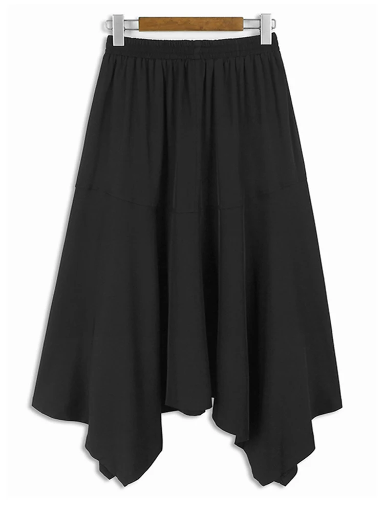 High Elastic Waist Black Irregular Hem Casual A-line Half-body Skirt Women Fashion Tide New Spring Autumn