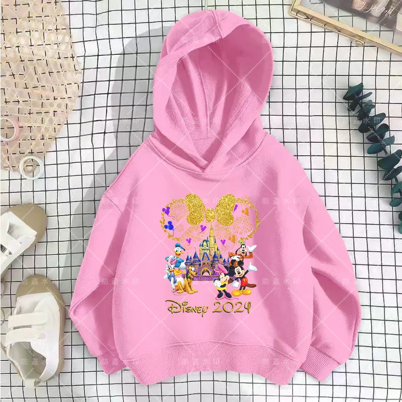 Disney Minnie Mouse Girl Cartoons Kawaii 2024 Girl Clothes Hoodie Boy Children Top Caricature Fashion Disneyland Trip Disney