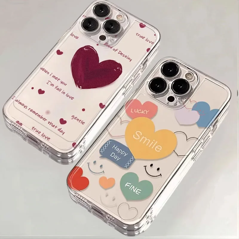 INS Colorful Love Heart Shaped Phone Case For iPhone 16 15 14 11 12 13 Pro Max Plus Mini XS XR 7 8 SE Smiling Clear Cover Fundas