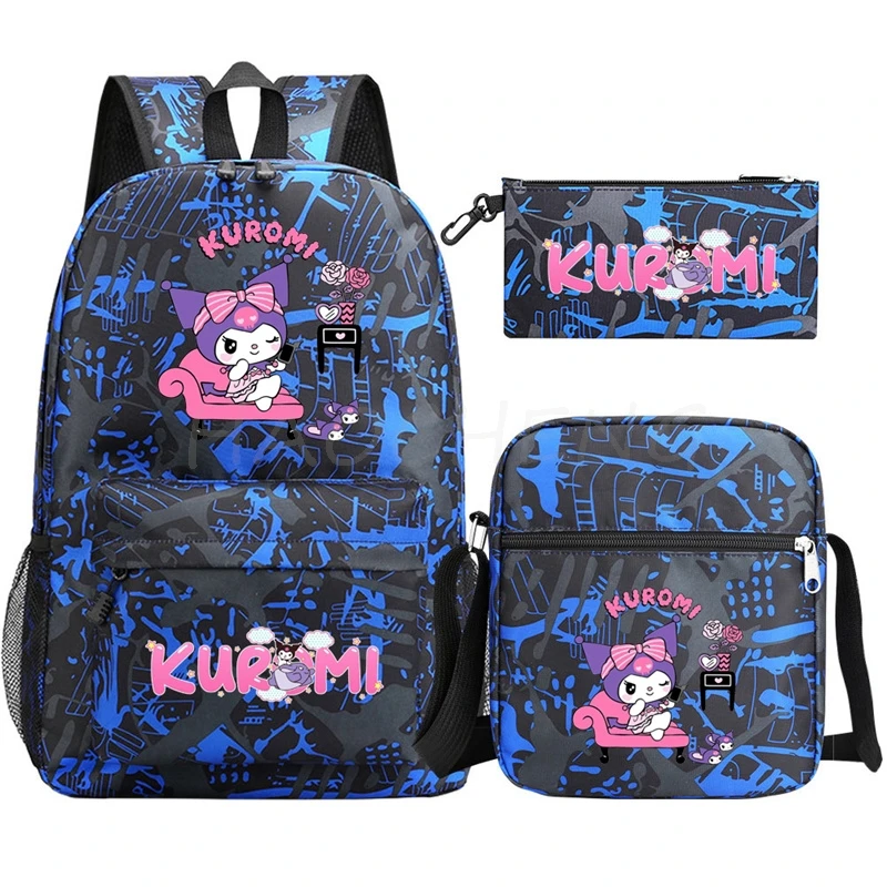 Adorável Kuromi Melody Moda Mochila, Bolsa de escola para meninas, estudantes, Laptop Backbag, Viagem Casual Adolescente, impermeável, 3pcs por