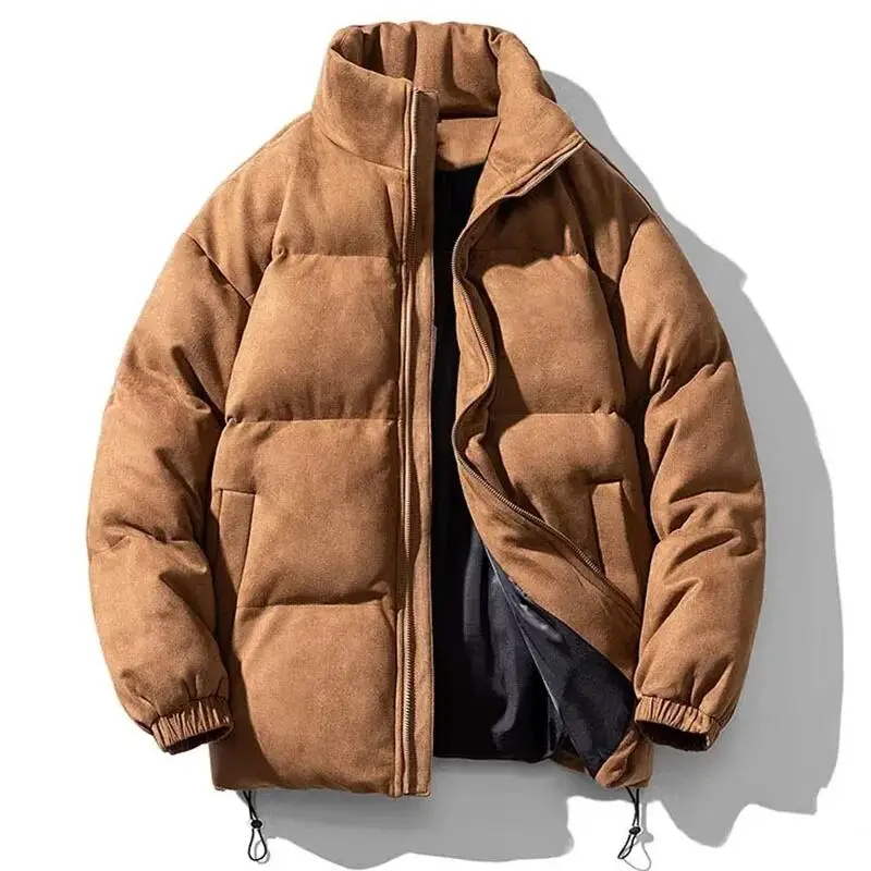 Puffer de camurça falsa monocromático masculino, jaquetas soltas, casacos parka retrô, streetwear, grosso, bolha, vintage, quente, inverno