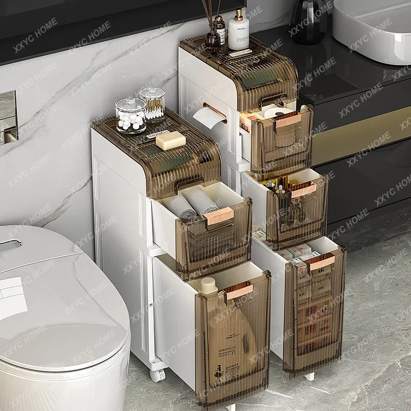 

AA2-5Tier Slot Drop Belt Wheel Cart Large Storage Cabinet Gap Bathroom Shelf Waterproof Transparent Visible Box Bedside Table