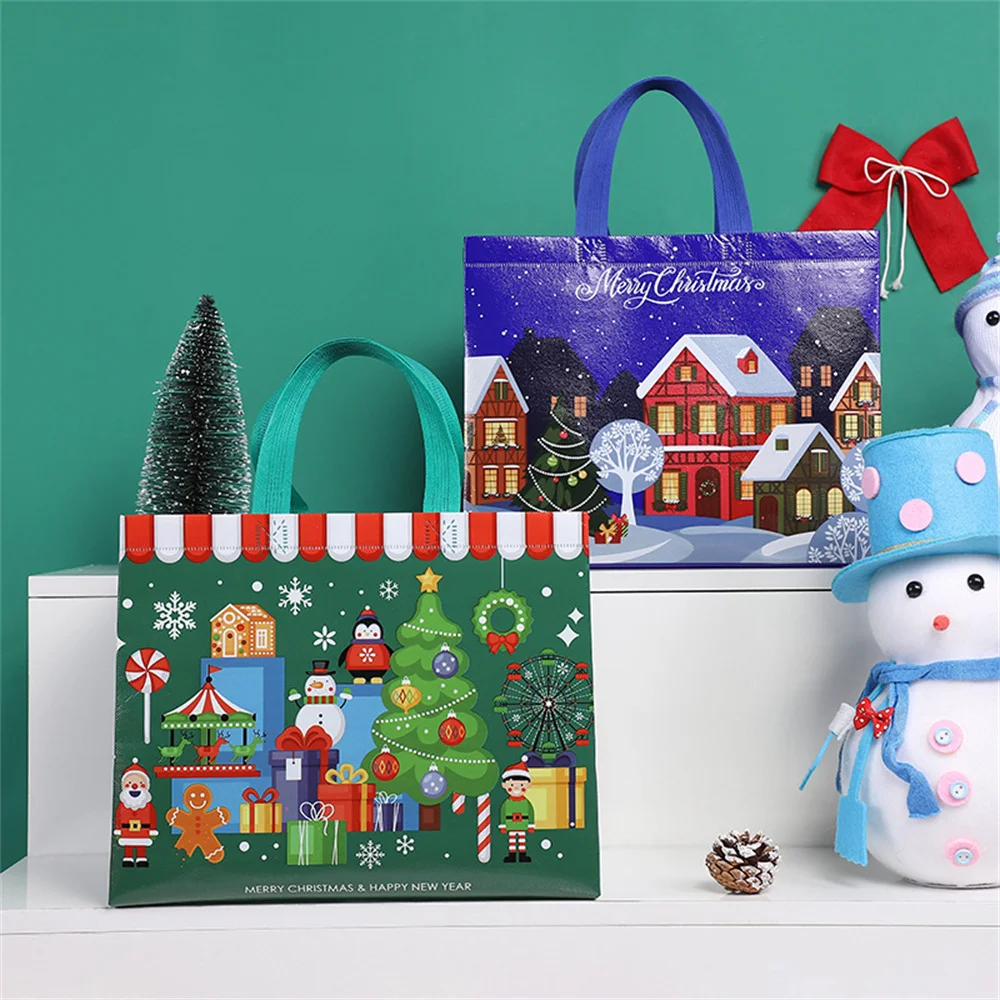 2023 Christmas Gift Bags Cartoon Santa Elk Snowman Printing Non-woven Handbag Foldable Shopping Bag Wholesale Party Supplies