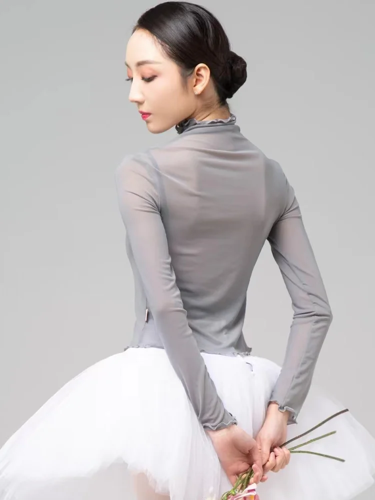 Thu Đông Trắng Đen Xám Thun Lưới Co Giãn Xù Dài Tay Ba Lê Thực Hành Leotard Căn Cứ Áo Vũ Điệu Trưởng Thành Balo Hàng Đầu