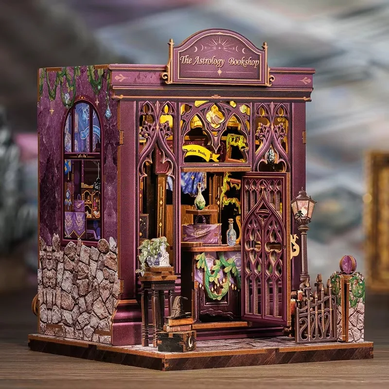 Wooden Book Nook Dollhouse Kit Miniature Doll House Kits Booknook Bookshelf with Dust Cover Bookends Birthday Party Gift