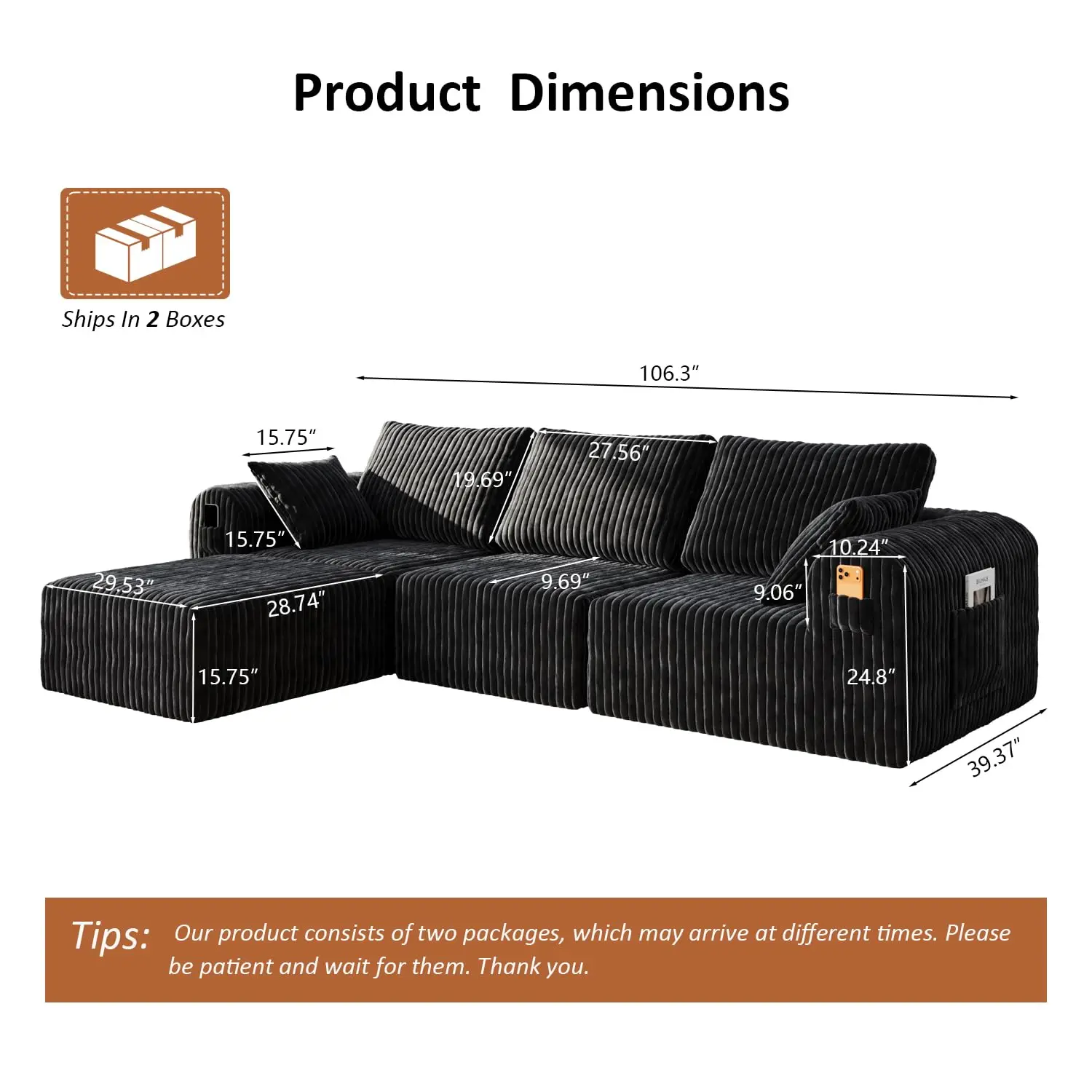 L-Shape Sectional Sofa, Corduroy Deep Seat Couch for Living Room, No Assembly, Black 3 Seater & Ottoman, Customized