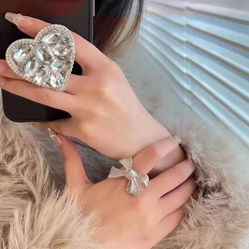 925 Sterling Silver Korean Exquisite Sweet Oversized Bow Ring For Women, Exaggerated Super Sparkling Full Diamond Finger Ring