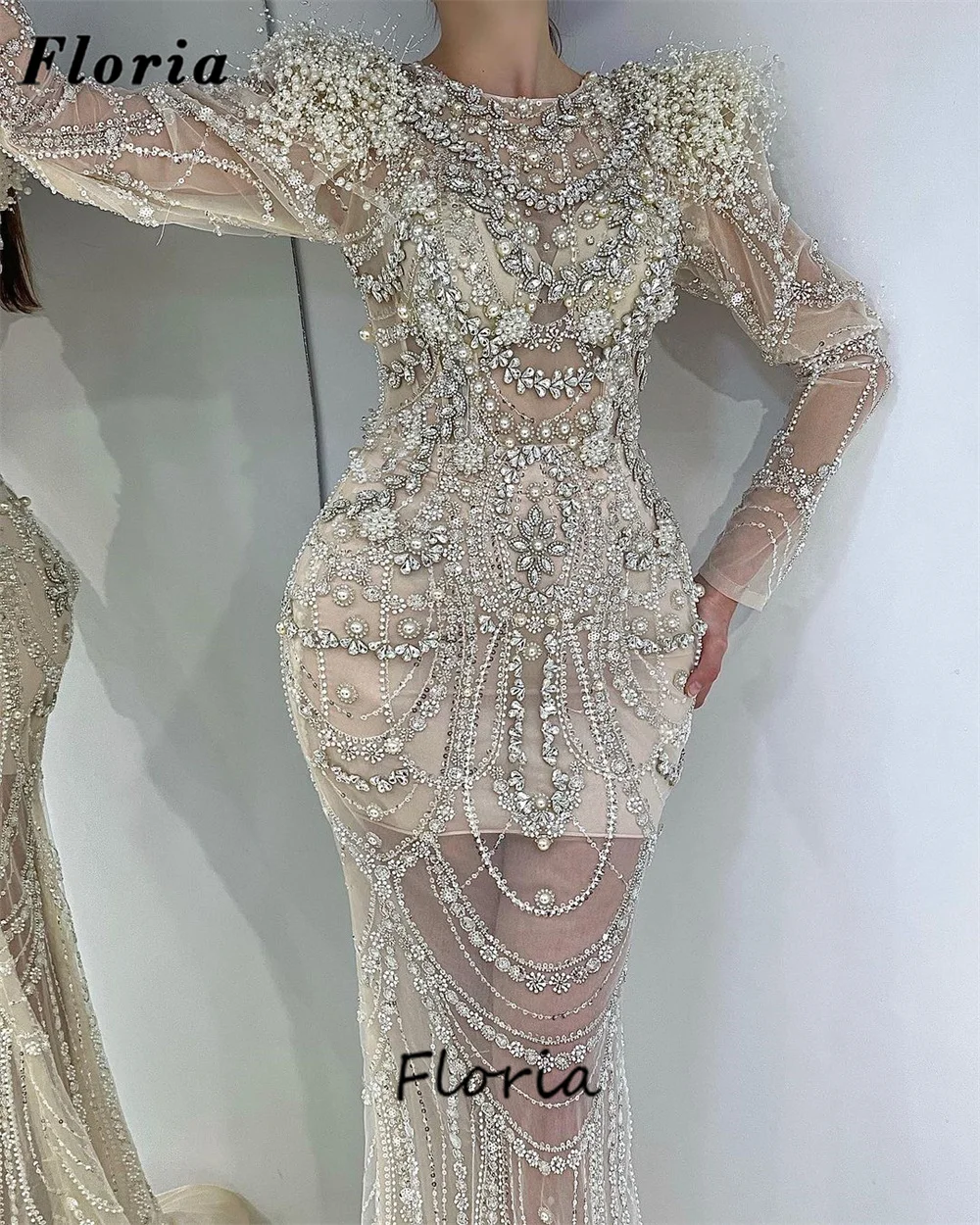 Arabic Champagne Mermaid Evening Dresses Long Sleeves Plus Size Wedding Party Dress Elegant Robes Dubai Beading Cocktail Dress