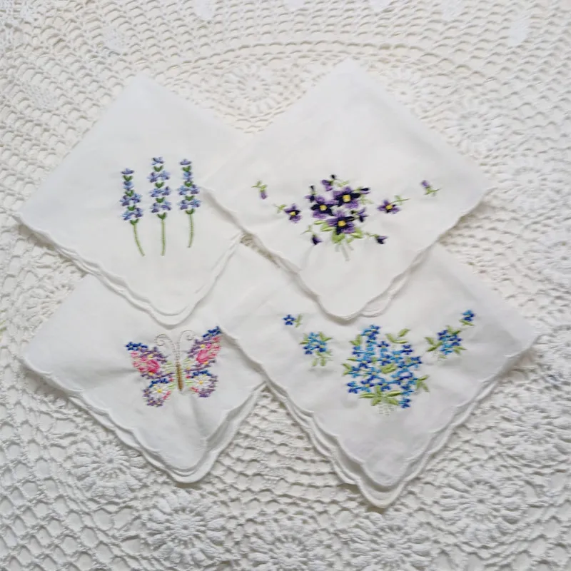 

Set of 12 Women Handkerchiefs White Cotton Cloth Fabric Wedding Hankies Scallop Edges Hanky Embroidered Floral 12x12 Inch