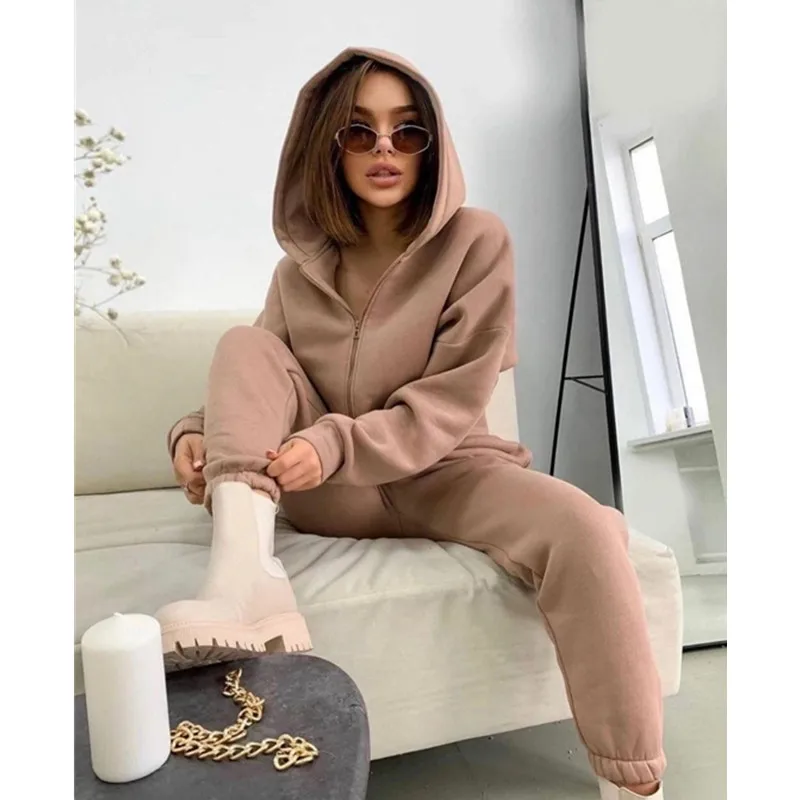 2022 Women's Tracksuit Fleece Hoodies Two Piece Set Winter Hooded Big Pocket Joggers Pant Suit Female Lady Causal Sportswear Set