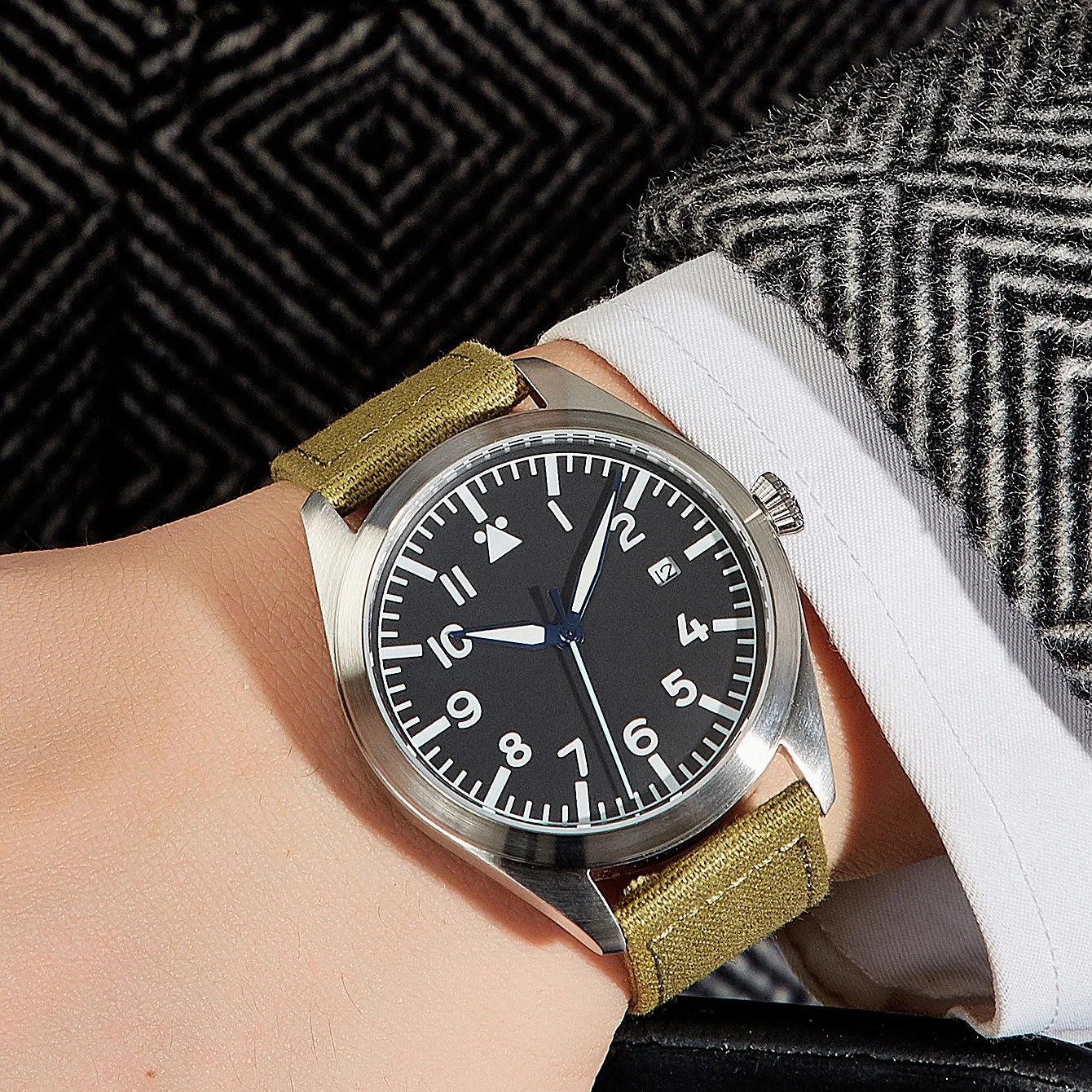 Mechanical Watches Canvas Flieger Aviator Pilot Wristwatch Olive Green Arrow WWII German WW2 Automatic Movement Japan Sapphire