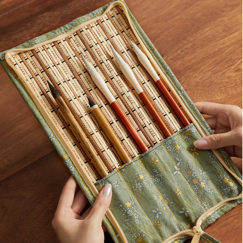 Zipper Retro Chinese Bamboo Brush Roll Portable Calligraphy Brush Storage Protector Bag For Beginner Students Studying Supplies