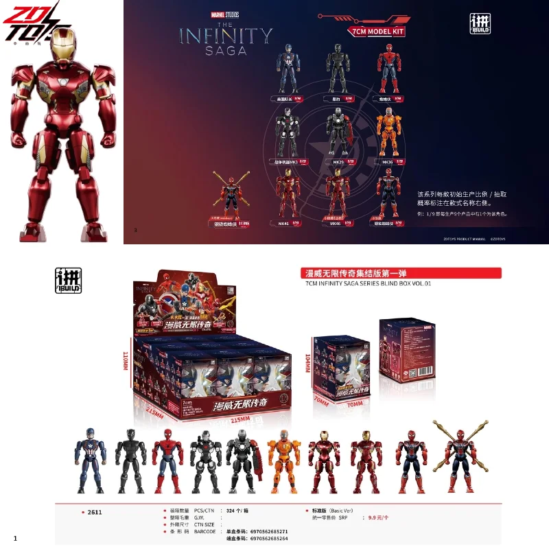 ZDToy Iron Man Infinity Saga Caja Sorpresa Figura de Acción Coleccionable Iron Man Spider-Man Capitán América Máquina de Guerra Muñeco de Colección Negro