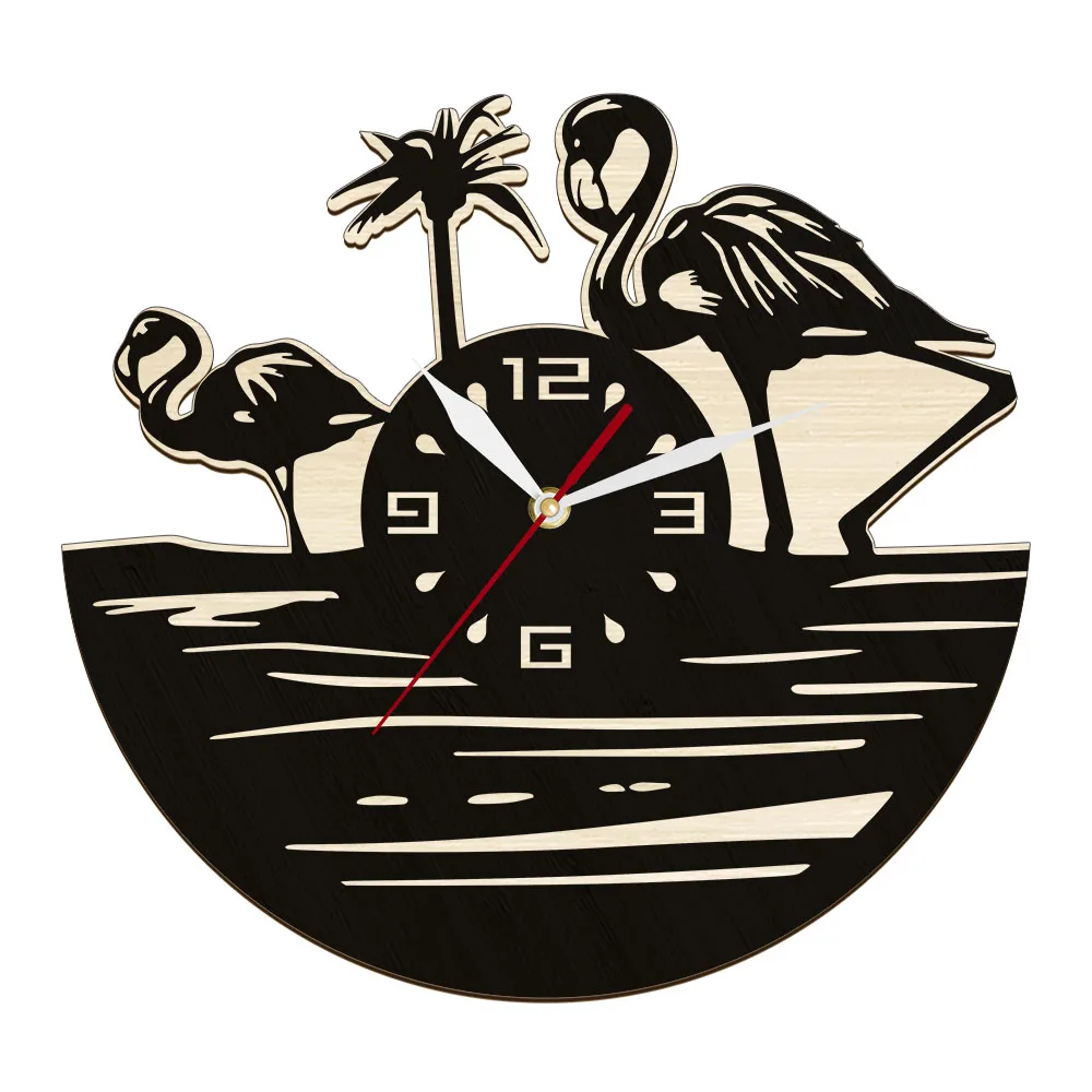 Flamingo Birds On Lake Modern Design Rustic Wood Clock For Girls Room Vintage Birds Home Decor Laser Cut Natural Wooden Clock