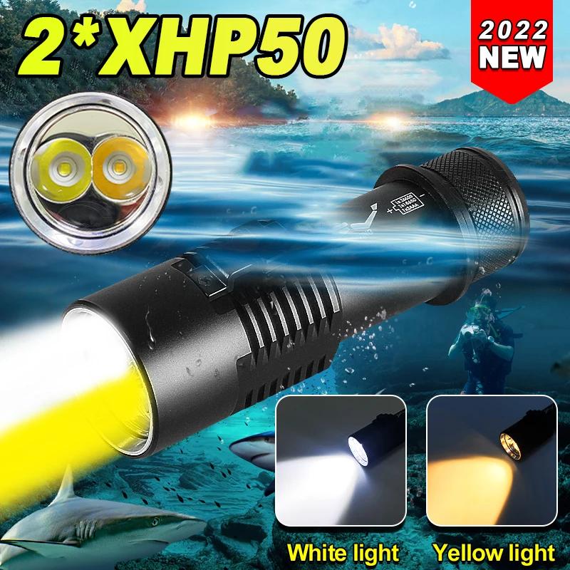 

New Profession Scuba Diving Flashlight 2Modes XHP50 High Power Rechargeable Led Diving Torch 18650 Yellow Light Underwater Lamp