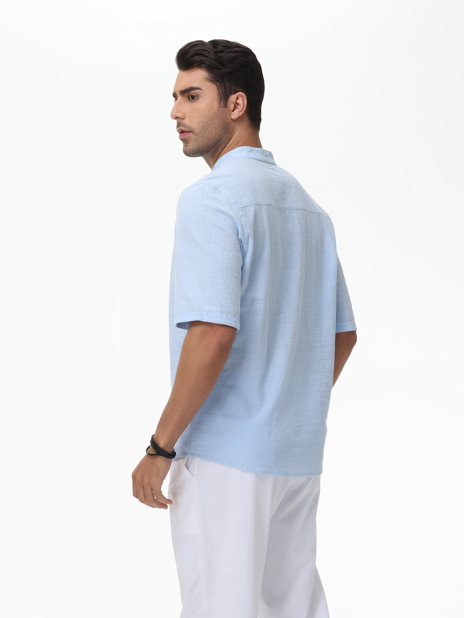 Summer Men's Casual 100% Cotton Henley Shirts, Solid Color Short Sleeve Hawaii Beach Shirts Daily Button Down Breathable Tee