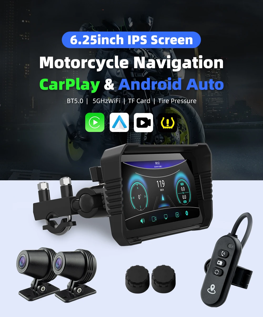 EKIY 6.25 Inch DVR Wireless Carplay & Android Auto Motor Accessories Motorbikes Navigation Display Screen Portable