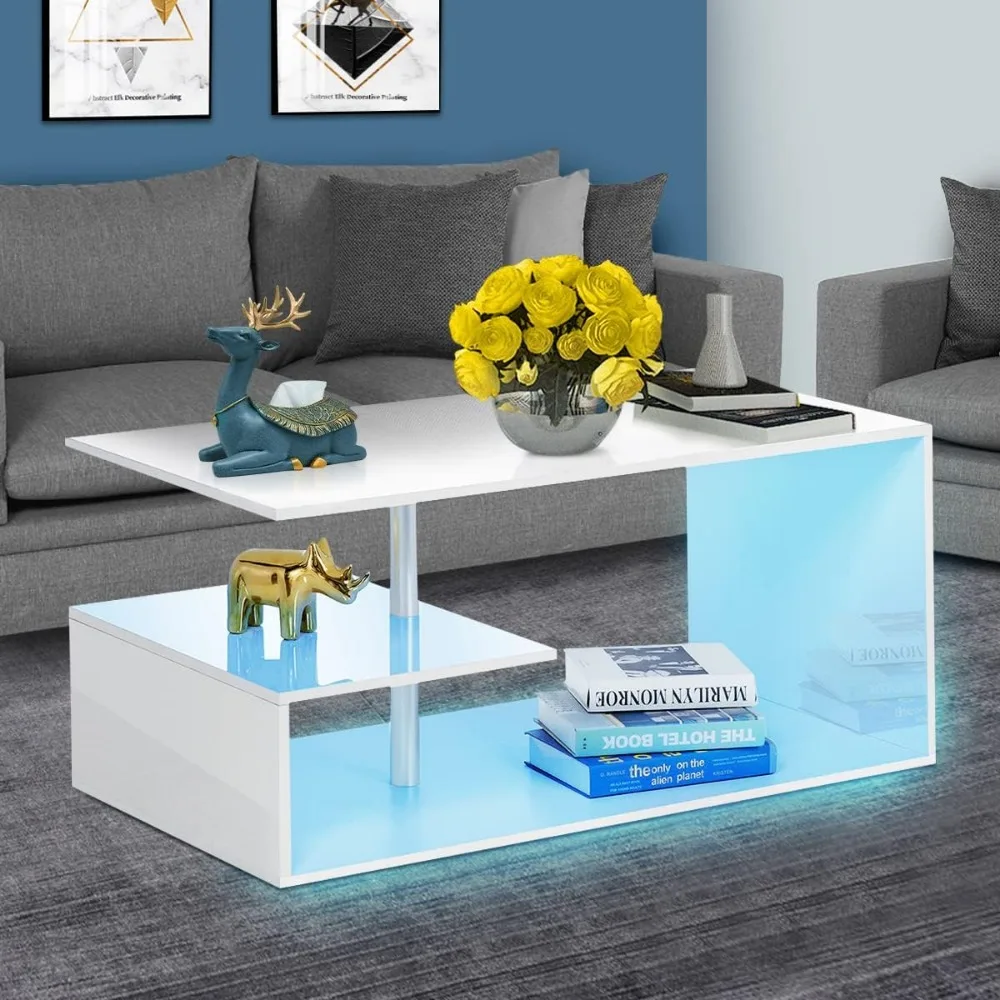 LED Coffee Tables for Living Room Modern White Coffee Table with S-Shaped 3 Tiers Open Storage  for Home Office White 18"Tall