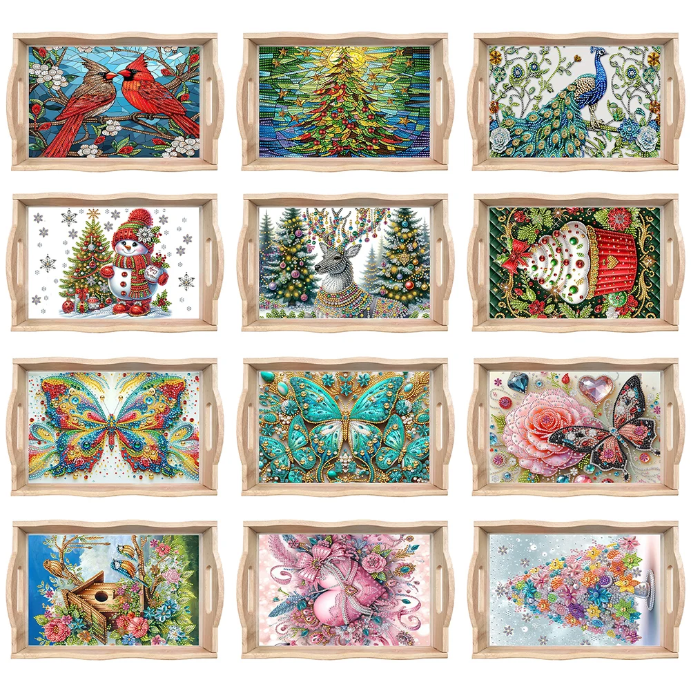 

DIY Diamond Art Wooden Serving Tray Decorative Diamond Painting Dinner Plate Tray with Handles Good for Parties Or Bed Food Tray