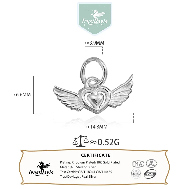 Trustdavis Real 925 Sterling Silver Fashion Love Angel Wings Charm Pendant Handmade DIY Accessories Jewelry Wholesale DZ1696