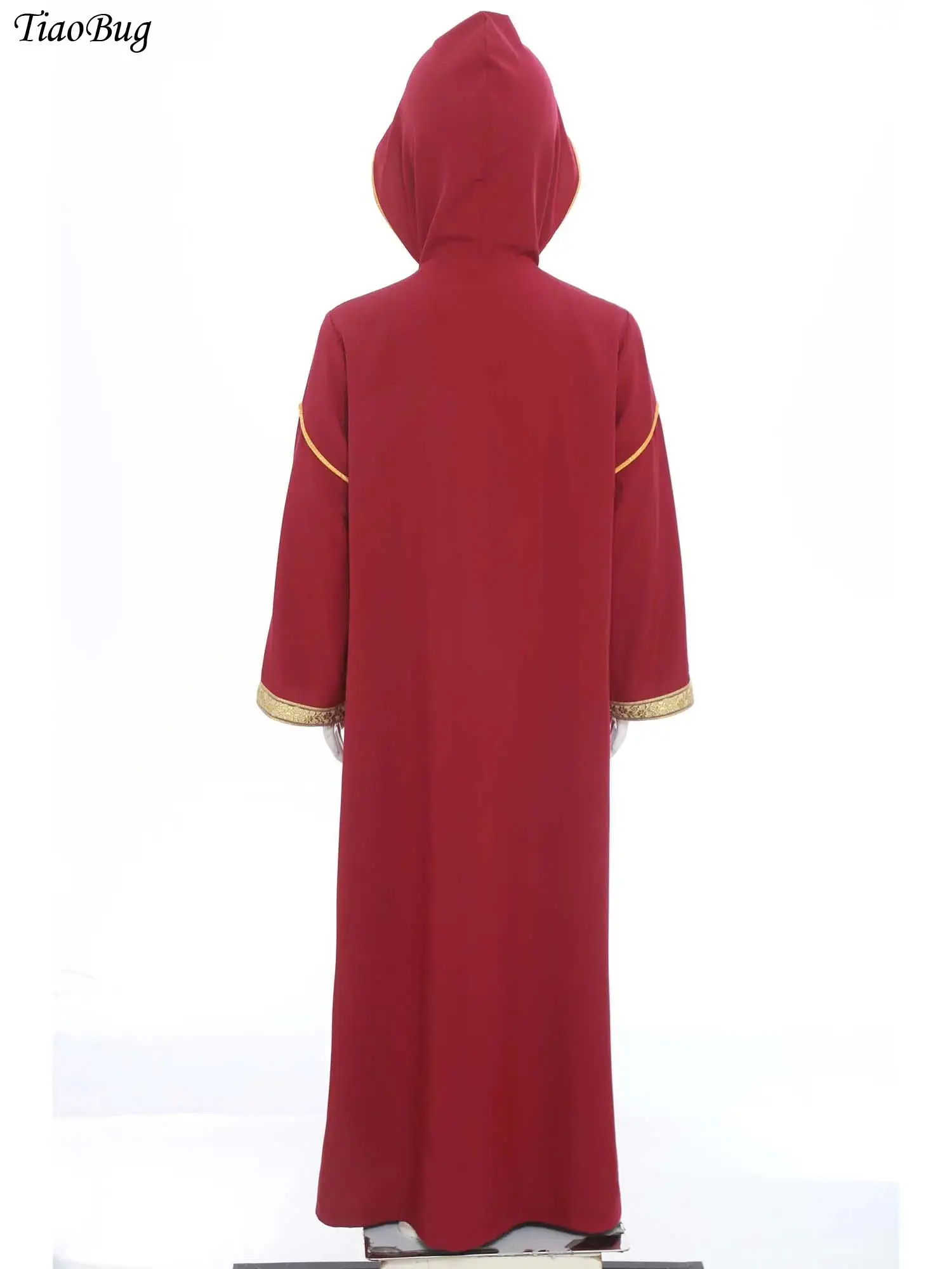

Kids Girls Muslim Robe Hooded Gold Embroidery Long Sleeves Front Zip Slit Arab Gown Islamic Festival Religious Halloween Cosplay