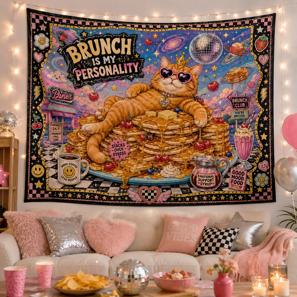Retro Orange Cat Tapestry Wall Art Cute Animal Disco Woven Blanket Brunch Landscape Room Decoration