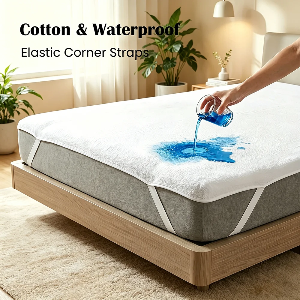 100% Baumwoll-Frottee Wasserdichter Matratzenschoner, Atmungsaktiver Baumwoll-Matratzenbezug mit Elastischen Eckbändern