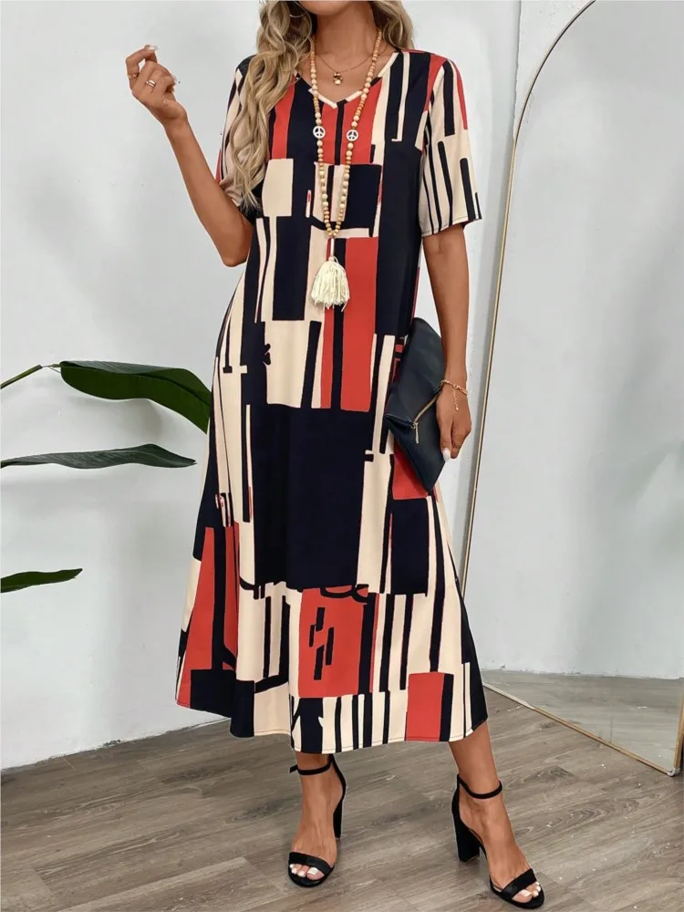 

Женское свободное длинное платье с v-образным вырезом и короткими рукавами, лето 2021, модное элегантное повседневное свободное пляжное платье для вечеринок, халат Femme