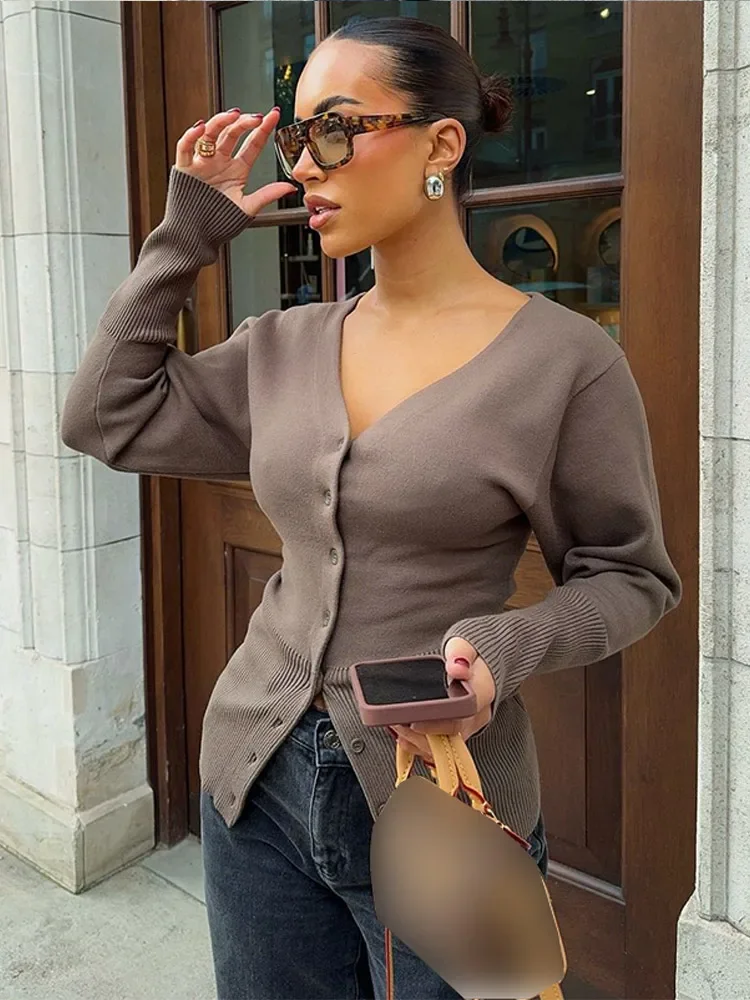 Casual Brown Deep V Knitted Cardigan Women Fashion Long Sleeve Button Split Hem Slim Sweater 2024 Lady Fall Winter New Knitwear