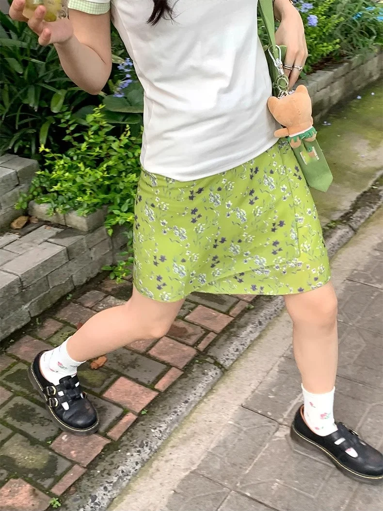 Green Floral Print Sash Half-length Skirt A-line Short Midi Skirt Korean Style High Waist Standard Fit for Young Women