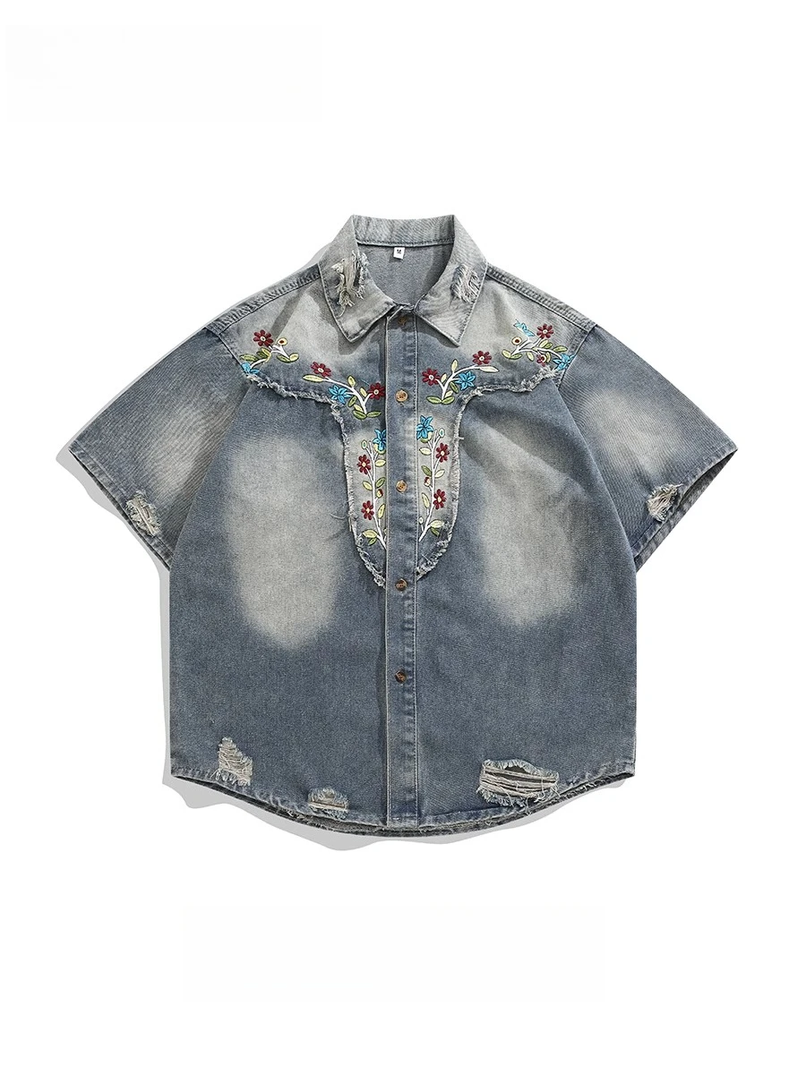 

Vintage Spliced Top Summer Fashion High Street Floral Embroidery Denim Shirt Old Art Niche Design Men Women Short Sleeves Chic