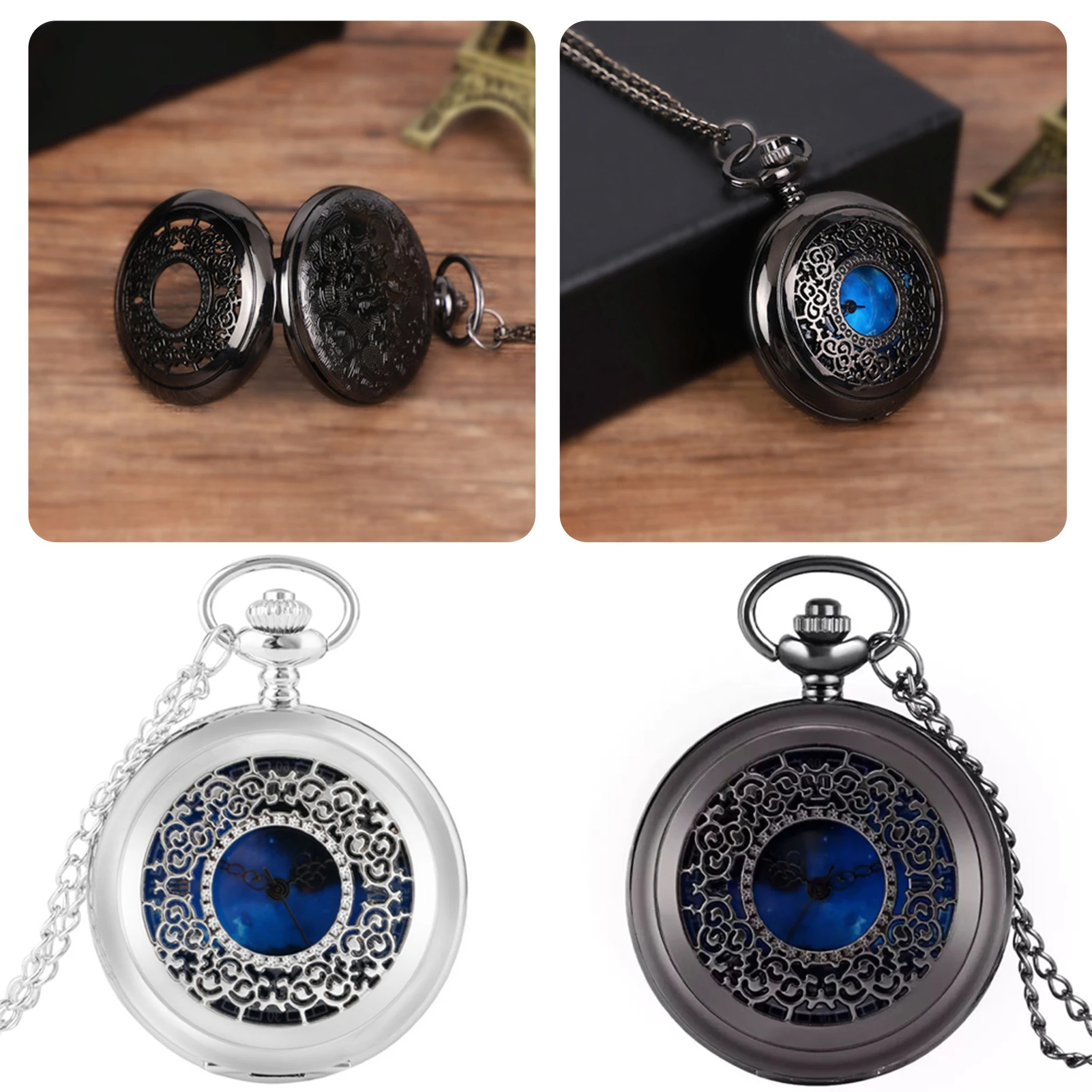 Exquisite Starry Blue Dial Pendant Vintage Hollow Watch Quartz Pocket Watch Roman Numerals Anniversary Romantic Gift