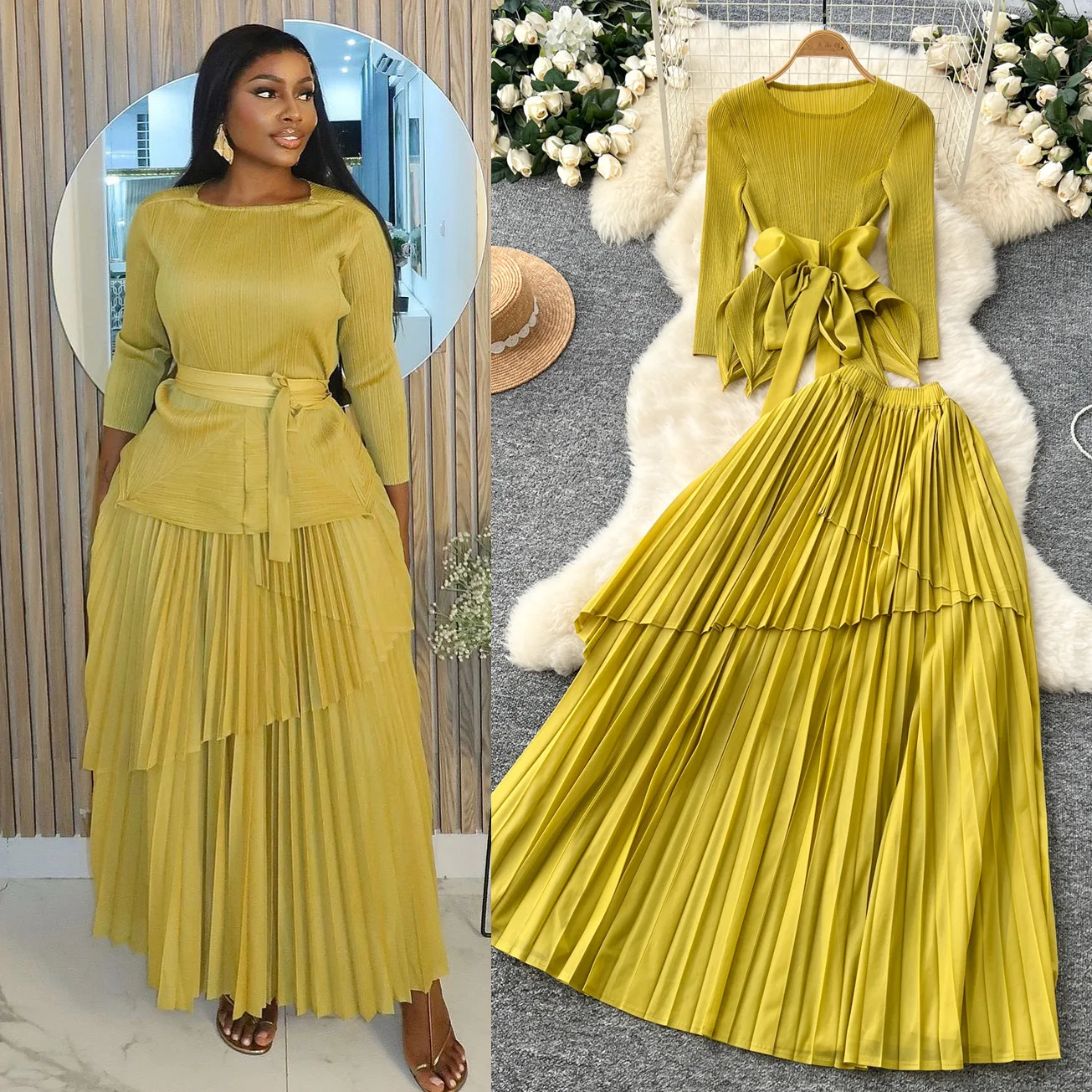 

Pleated Lace-up Waist Irregular Hem Pleated Top Pleated Skirt Suit Women