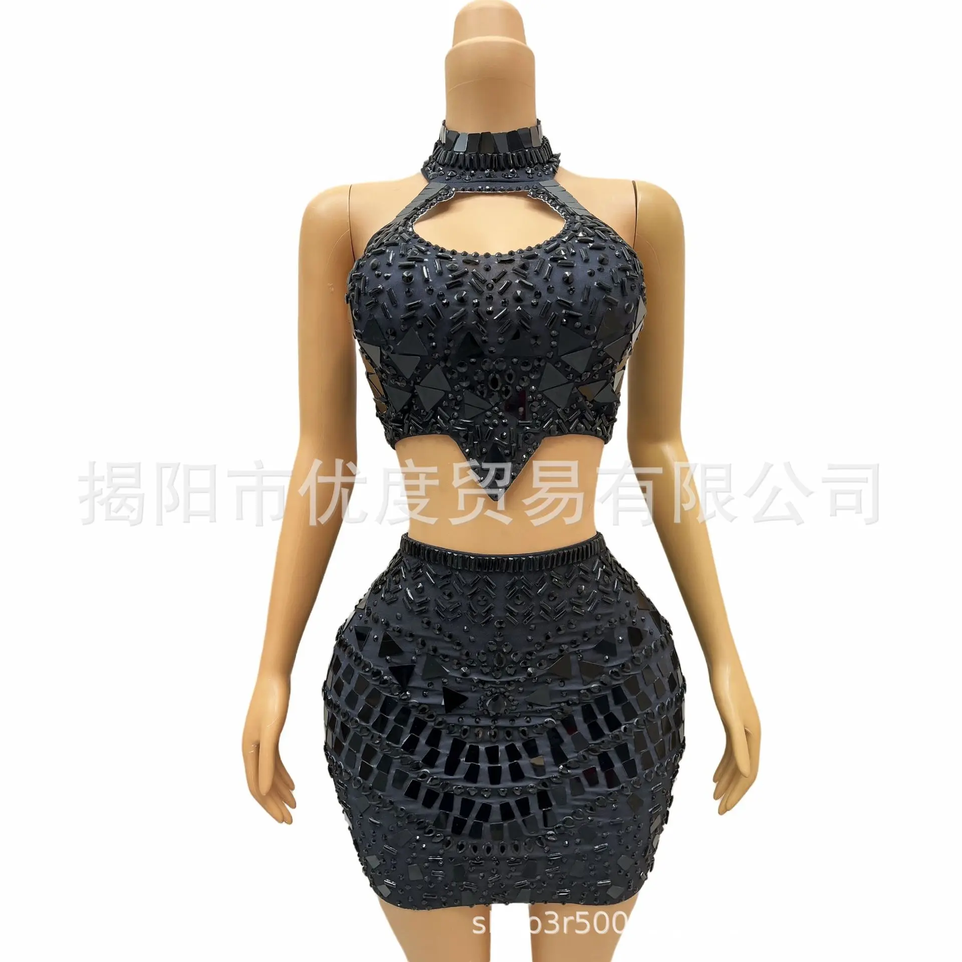 

Прохладная черная зеркальная пленка со стразами на шее без рукавов, два комплекта платьев, коктейльная вечеринка, короткая юбка, черный кальмар