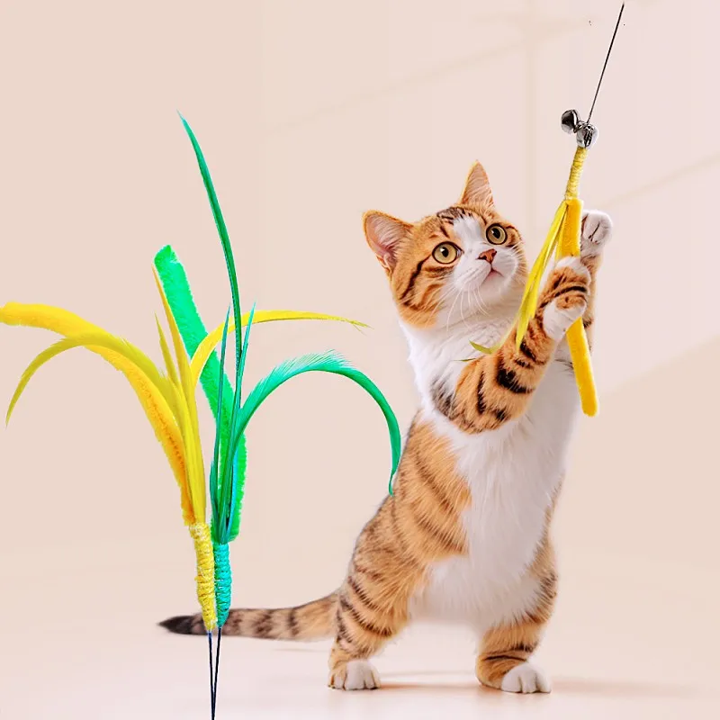 

Cat Toy Feather Cats Teaser Long Handle Interactive Cat Toy Bite-resistant Cats Toys with Bell Kitten Toys Sticks Pet Supplies