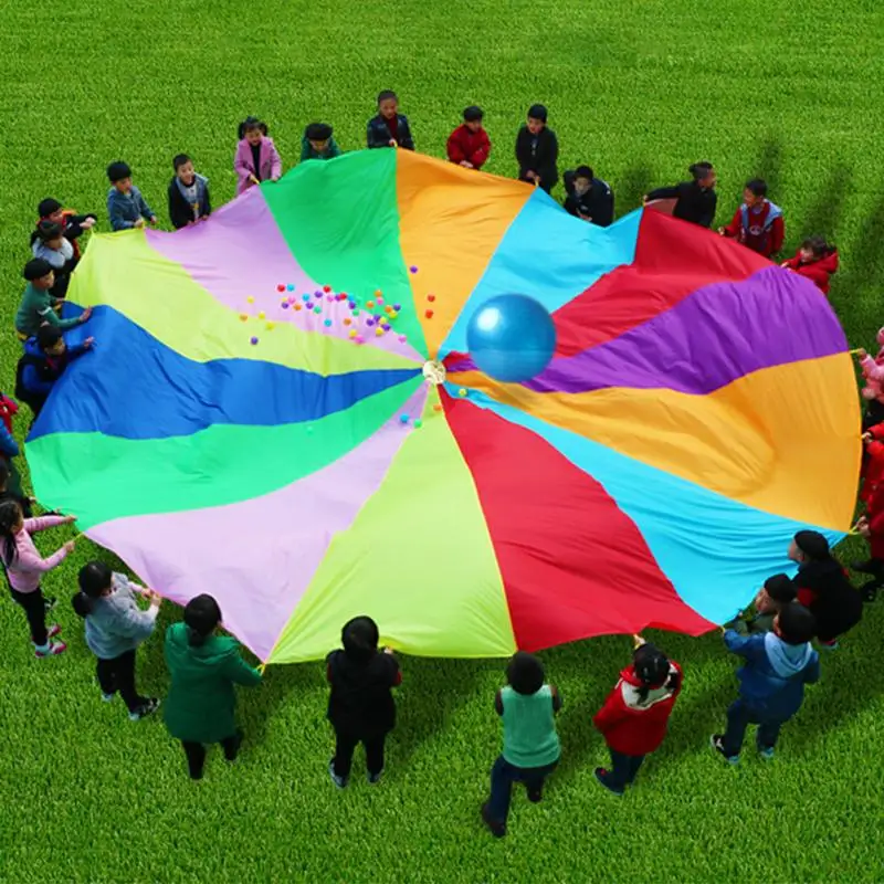 Paracaídas gigante de arcoíris para niños, juego de fiesta, paracaídas con asas para niños, gimnasia, juego cooperativo