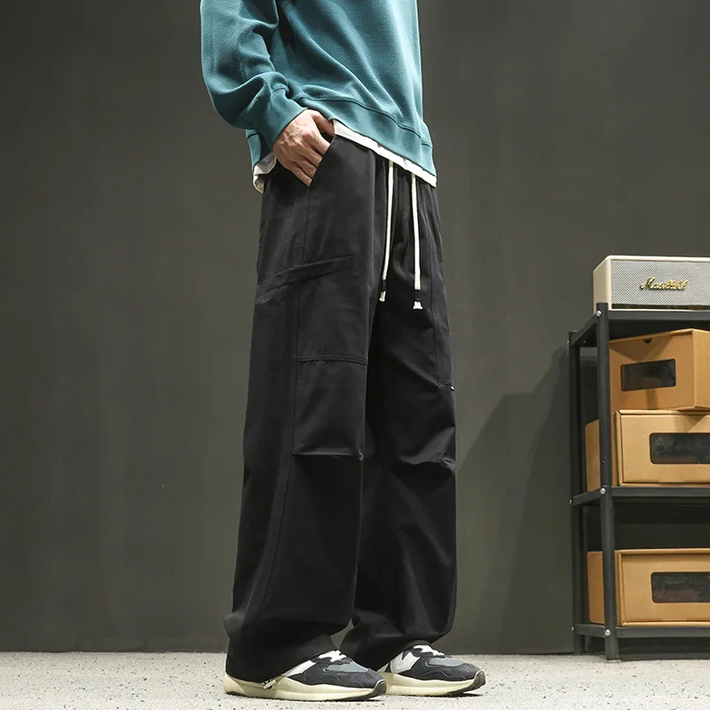 Men\'s 100% Cotton Cargo Workwear Pants - Oversized Streetwear Joggers Drop-Crotch Straight Leg Trousers with Drawstring Waist