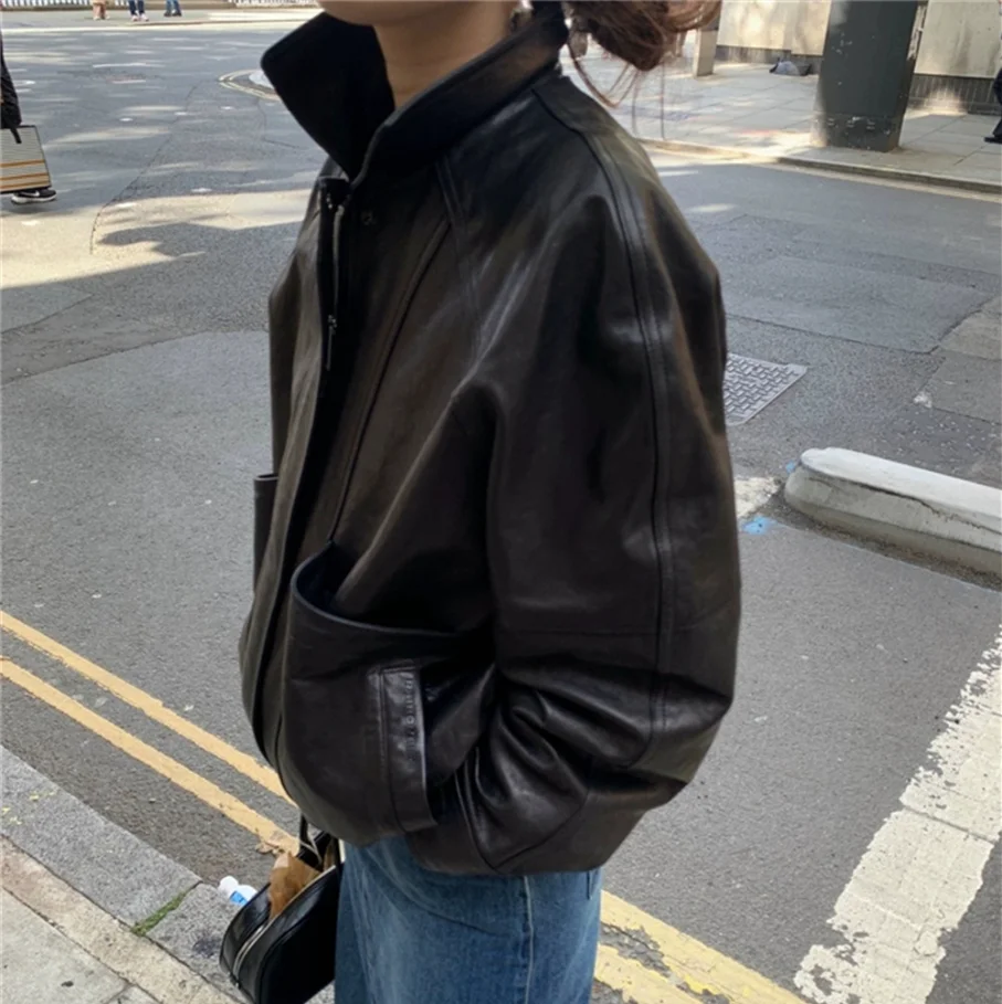 

mat Bla Leather Jaet Retro Collar Versatile All-Match Sle Long Sve Commute Faion Women's Coat Outerwear