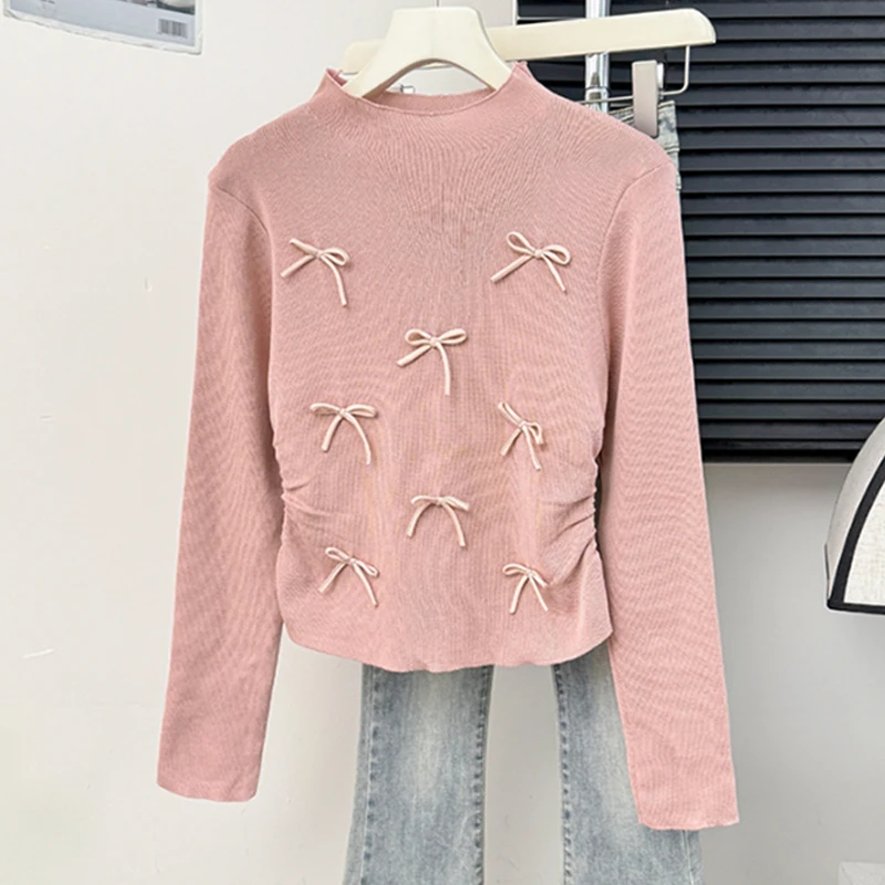 Korean Sweet Three-dimensional Bow Half Turtleneck Long Sleeve Knitted Sweater For Women