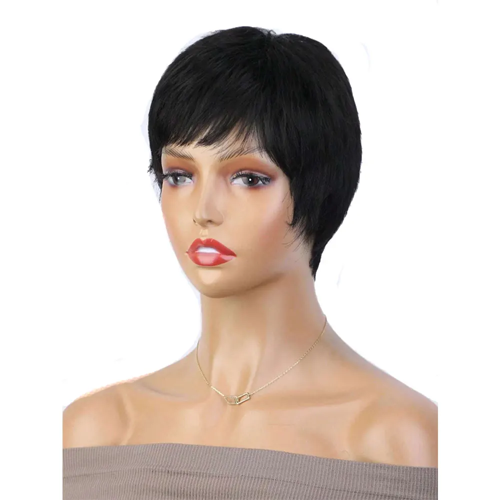 Newmi Wig potongan Pixie rambut manusia Wig Pixie pendek hitam alami untuk wanita memakai dan pergi Wig tanpa lem UNTUK WANITA HITAM